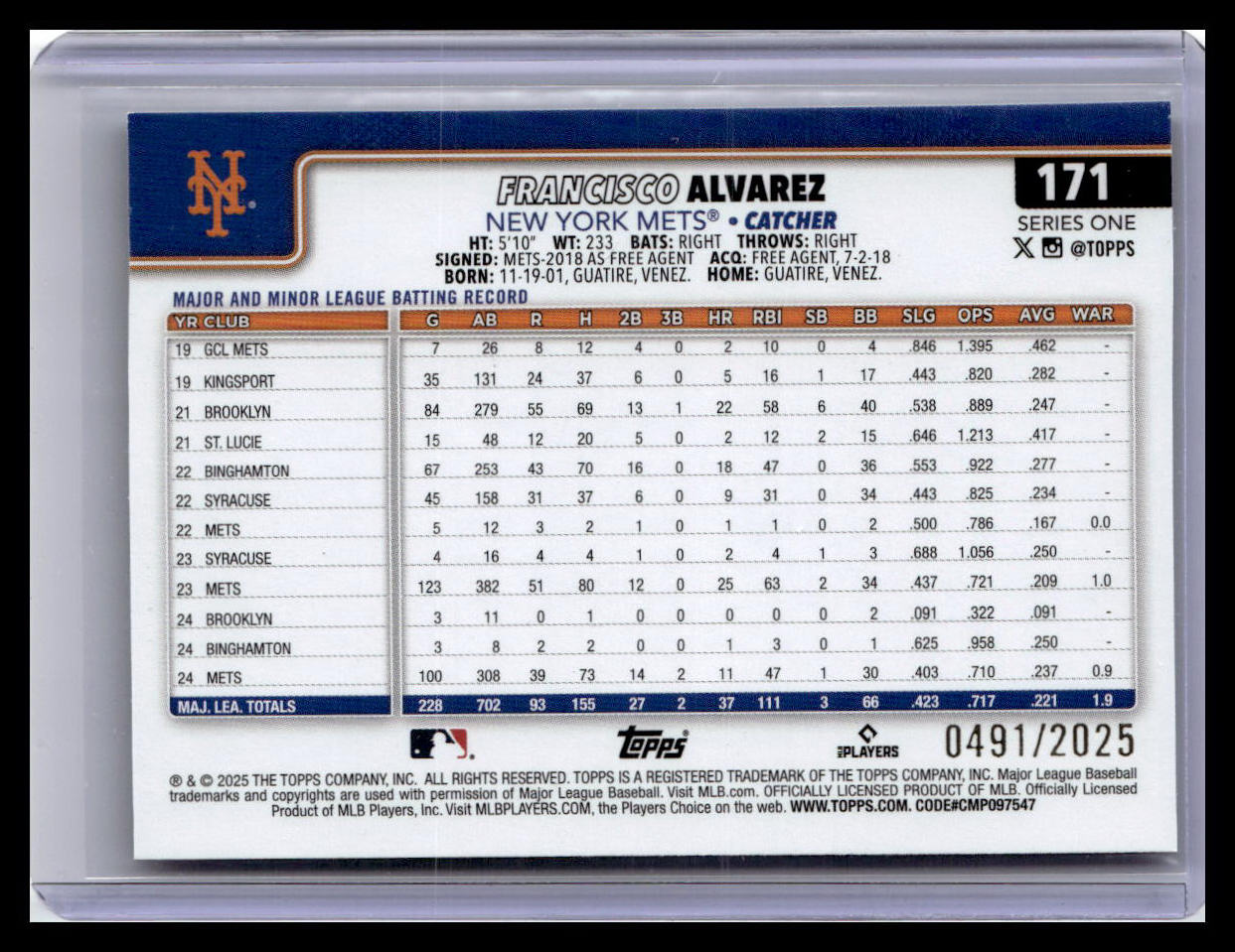 2025 Topps #171 Francisco Alvarez Gold #/2025