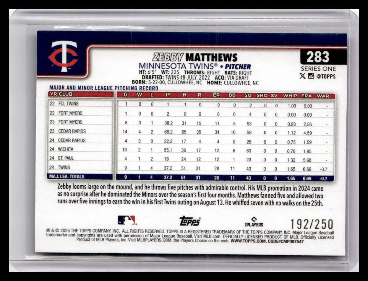 2025 Topps #283 Zebby Matthews Purple Rainbow Foil #/250