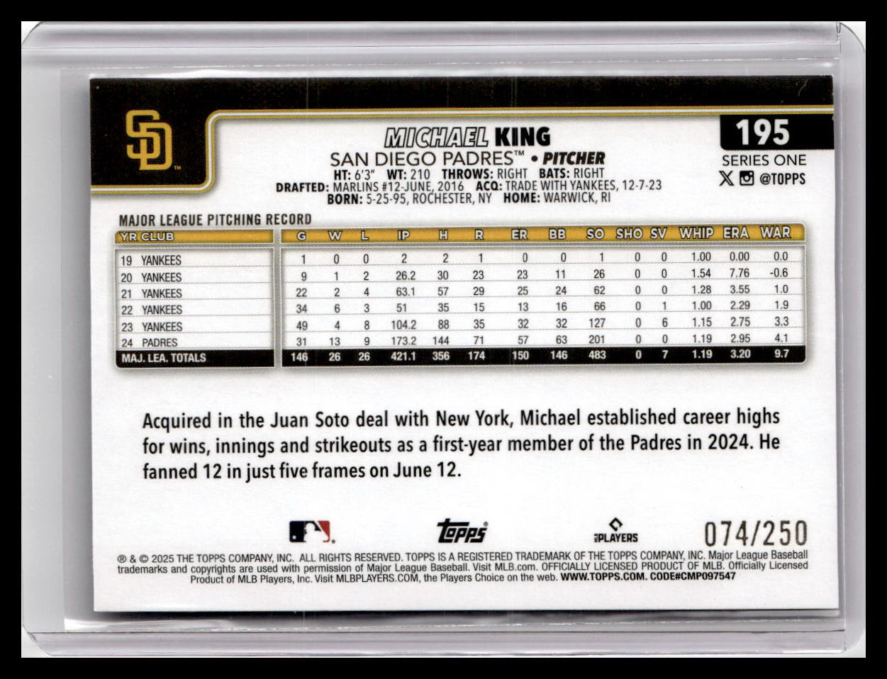 2025 Topps #195 Michael King Purple Holo Foil #/250