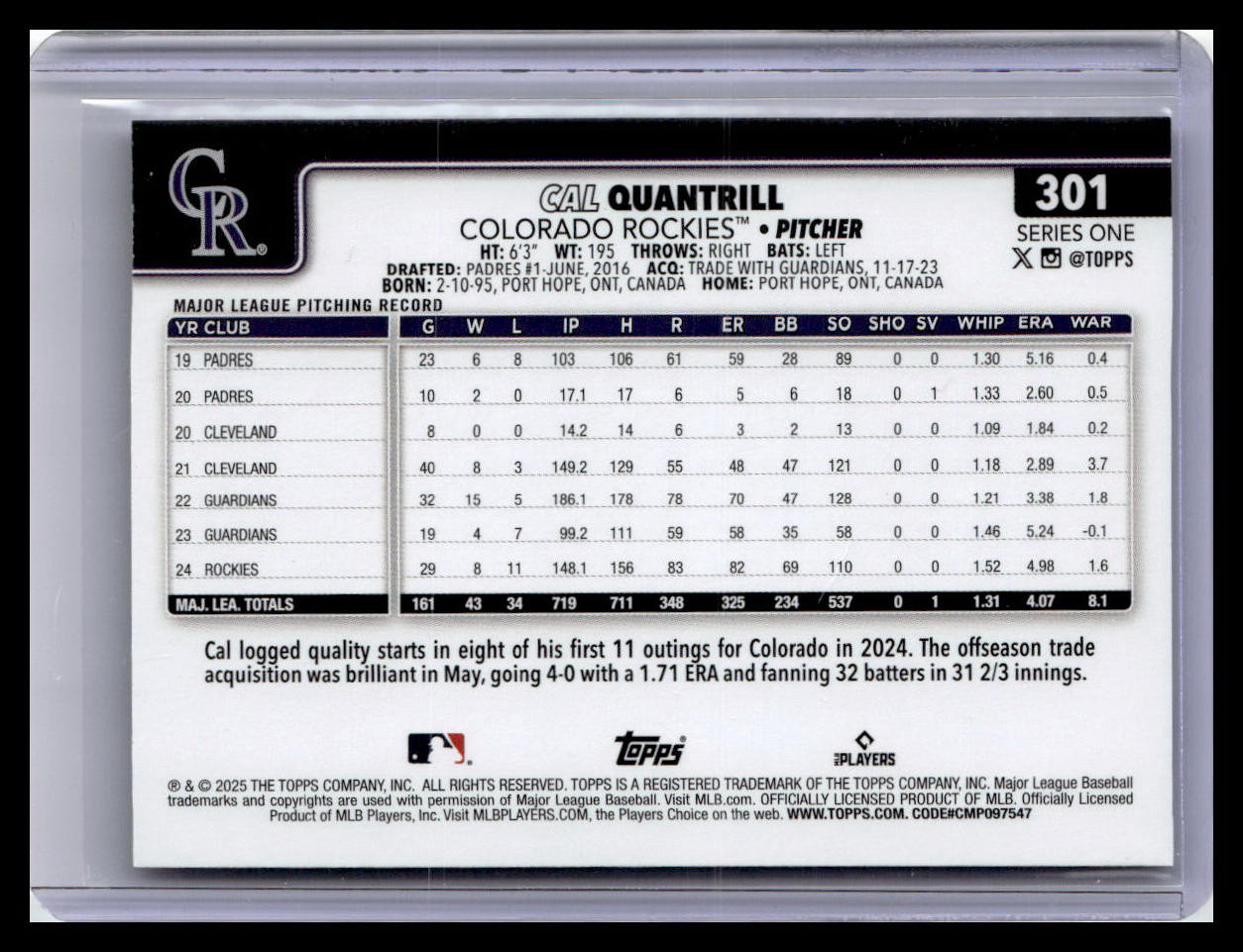 2025 Topps #301 Cal Quantrill Rainbow Foil