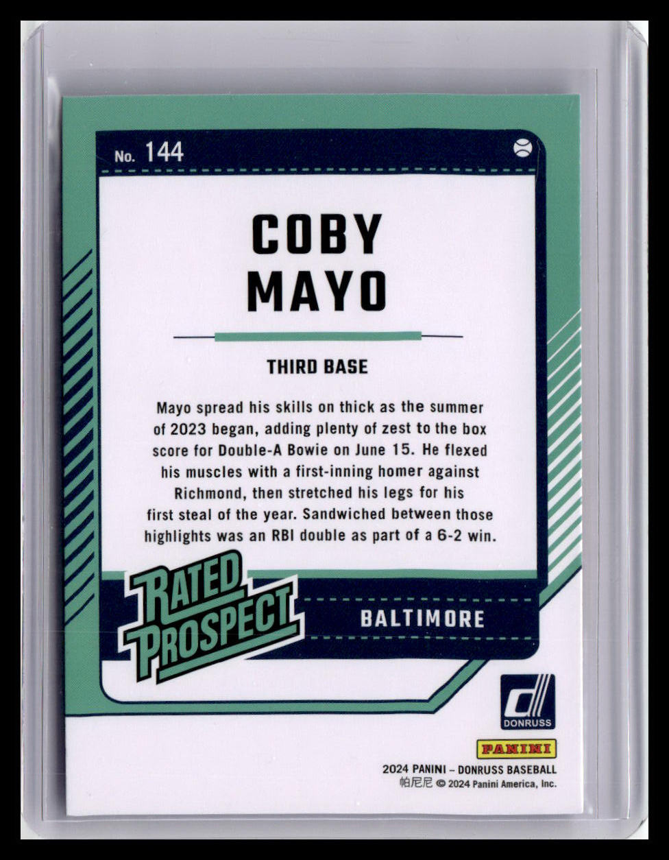 2024 Donruss #144 Coby Mayo Rated Prospect