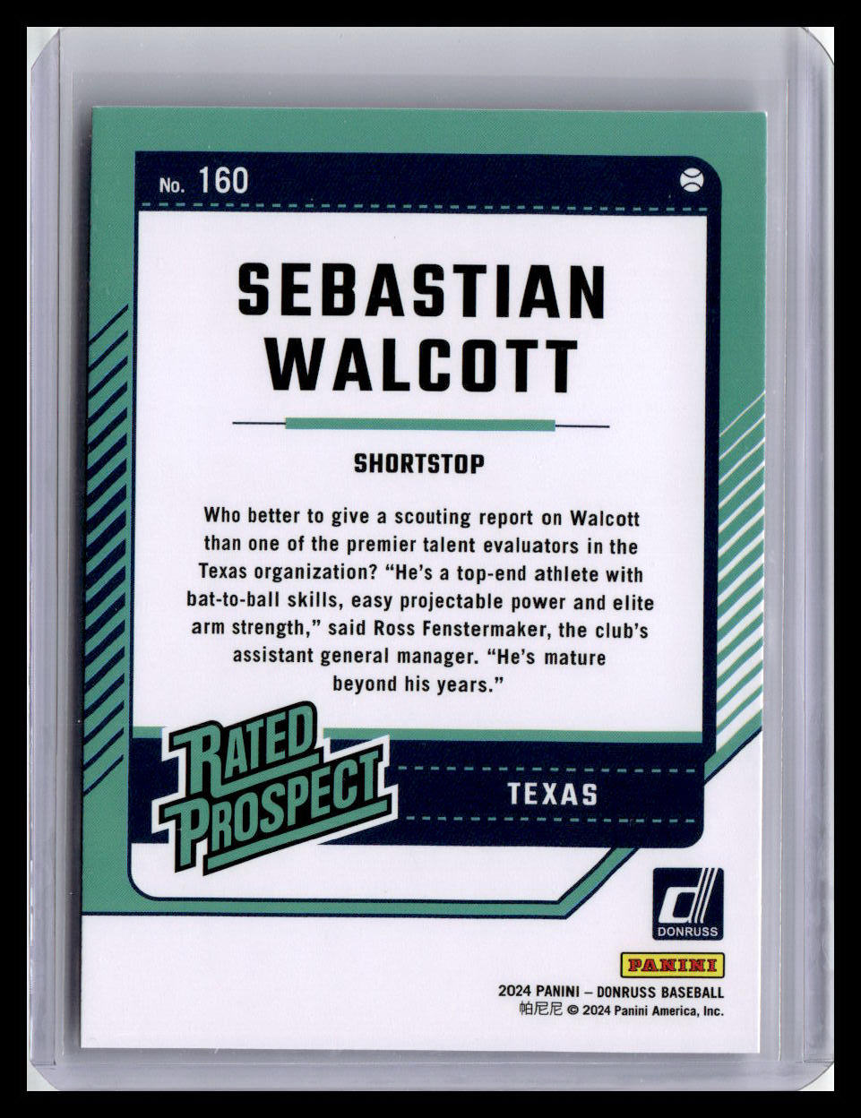 2024 Donruss #160 Sebastian Walcott Rated Prospect