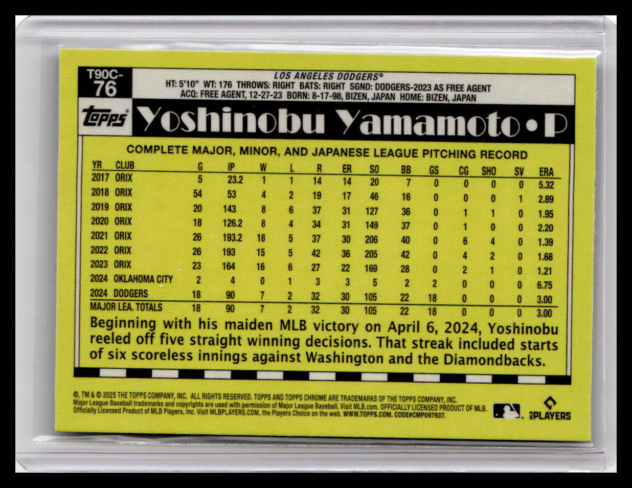 2025 Topps #T90C-76 Yoshinobu Yamamoto 1990 Topps Baseball Mojo Blue