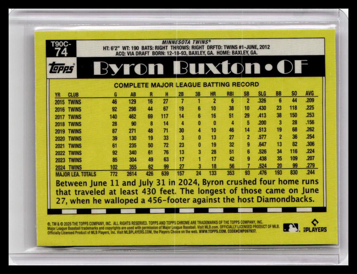 2025 Topps #T90C-74 Byron Buxton 1990 Topps Baseball 35th Anniversary Chrome