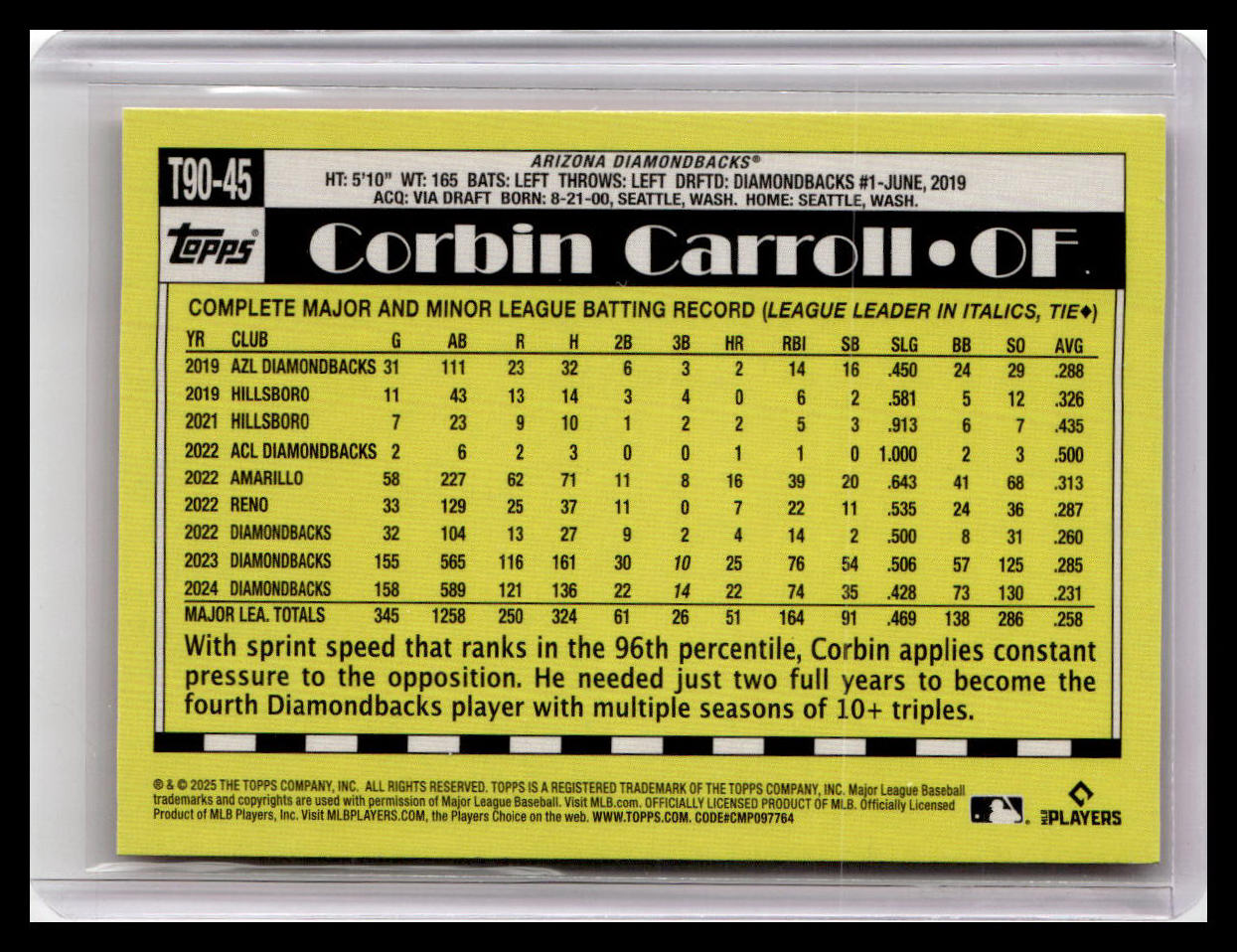 2025 Topps #T90-45 Corbin Carroll 1990 Topps 35th Anniversary Chrome