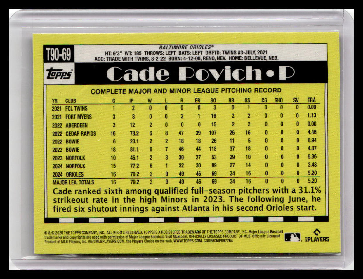 2025 Topps #T90-69 Cade Povich 1990 Topps Baseball 35th Anniversary Chrome Pack