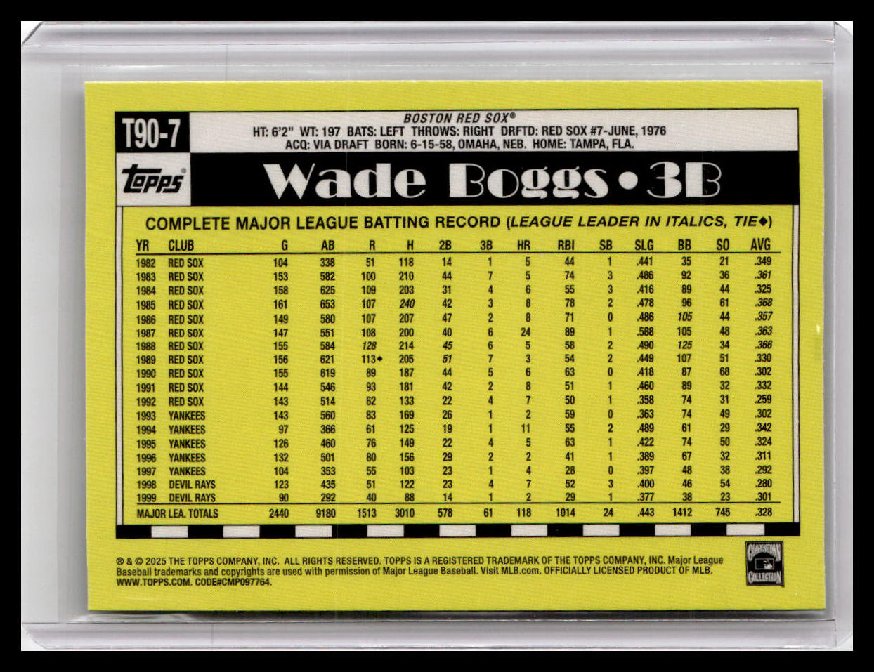 2025 Topps #T90-7 Wade Boggs 1990 Topps Baseball 35th Anniversary (Series 1)