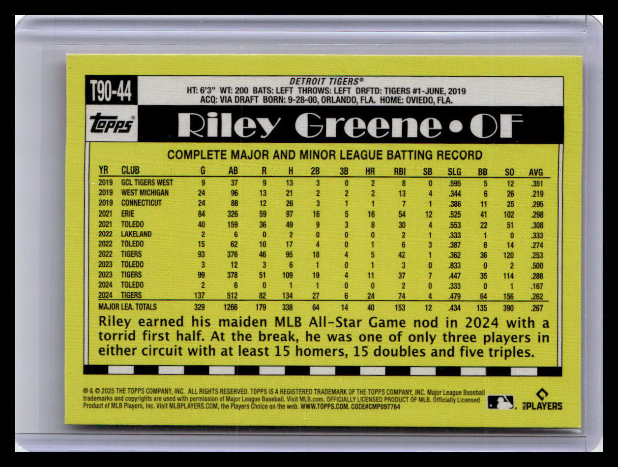 2025 Topps #T90-44 Riley Greene 1990 Topps Baseball 35th Anniversary (Series 1)