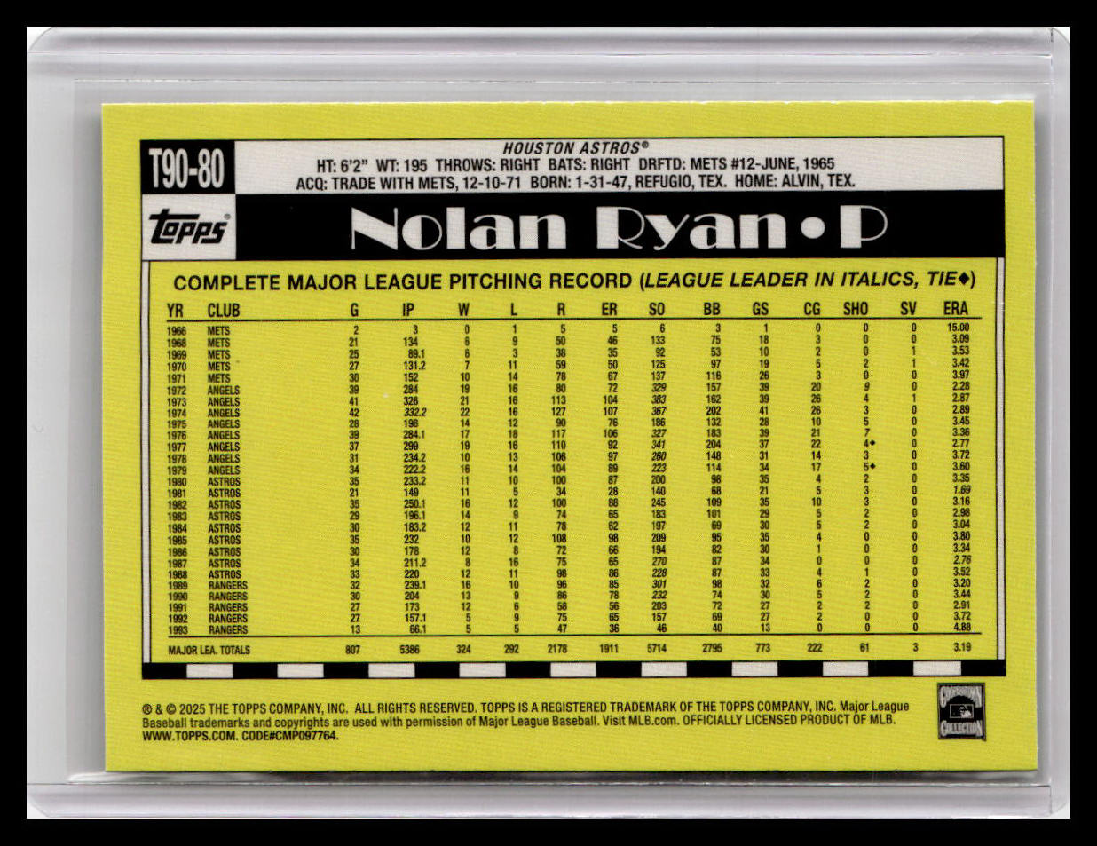 2025 Topps #T90-80 Nolan Ryan 1990 Topps Baseball 35th Anniversary (Series 1)