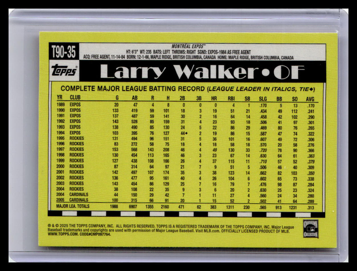 2025 Topps #T90-35 Larry Walker 1990 Topps Baseball 35th Anniversary (Series 1)