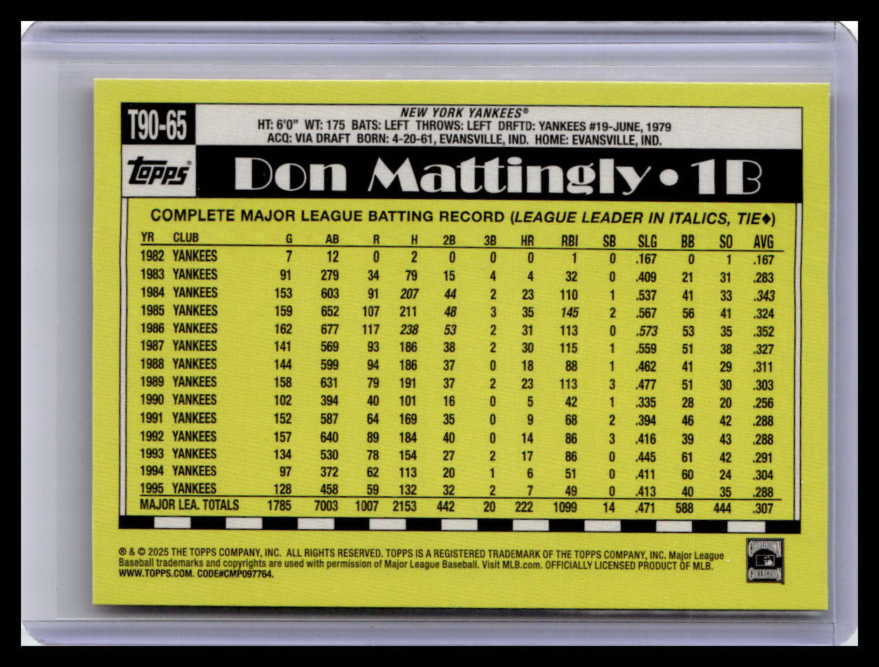 2025 Topps #T90-65 Don Mattingly 1990 Topps Baseball 35th Anniversary (Series 1)