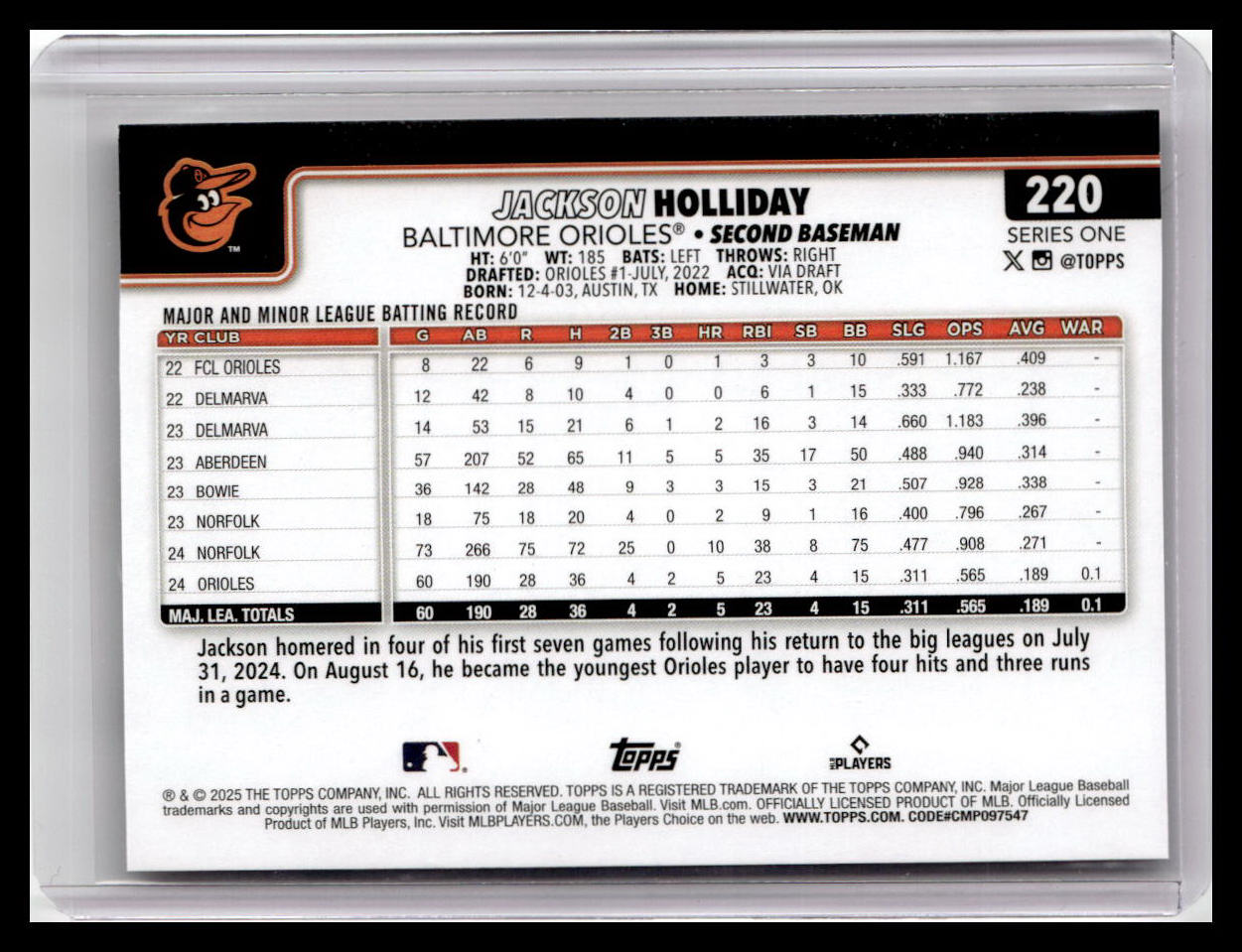 2025 Topps #220 Jackson Holliday Future Stars