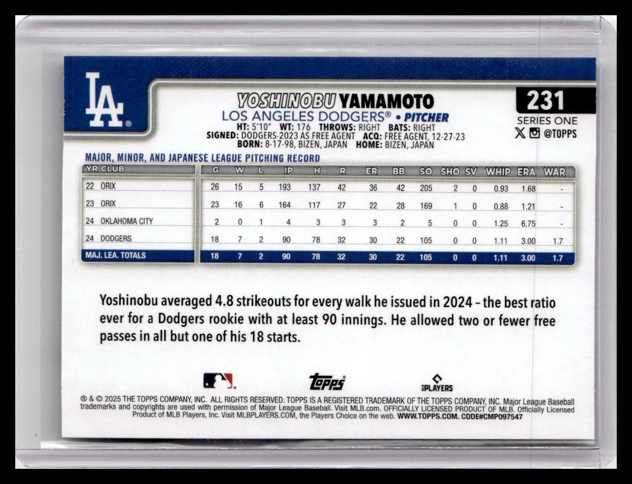 2025 Topps #231 Yoshinobu Yamamoto Future Stars