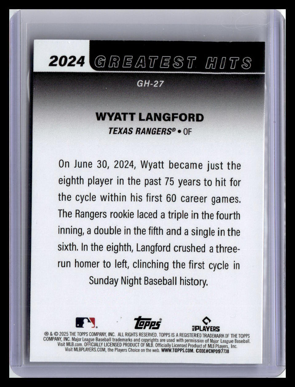 2025 Topps #GH-27 Wyatt Langford 2024 Greatest Hits