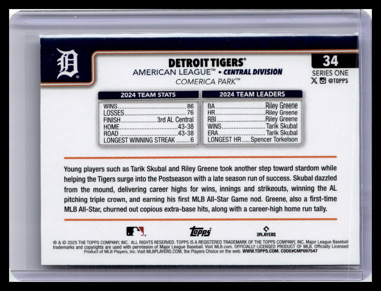 2025 Topps #34 Detroit Tigers Crackle Foilboard