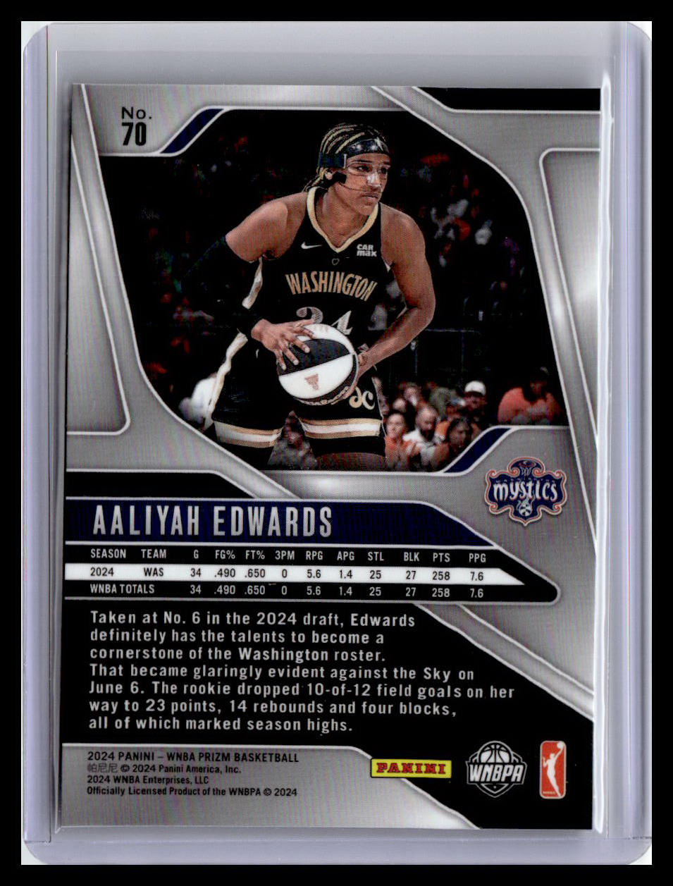 2024 Panini Prizm WNBA #70 Aaliyah Edwards (RC)