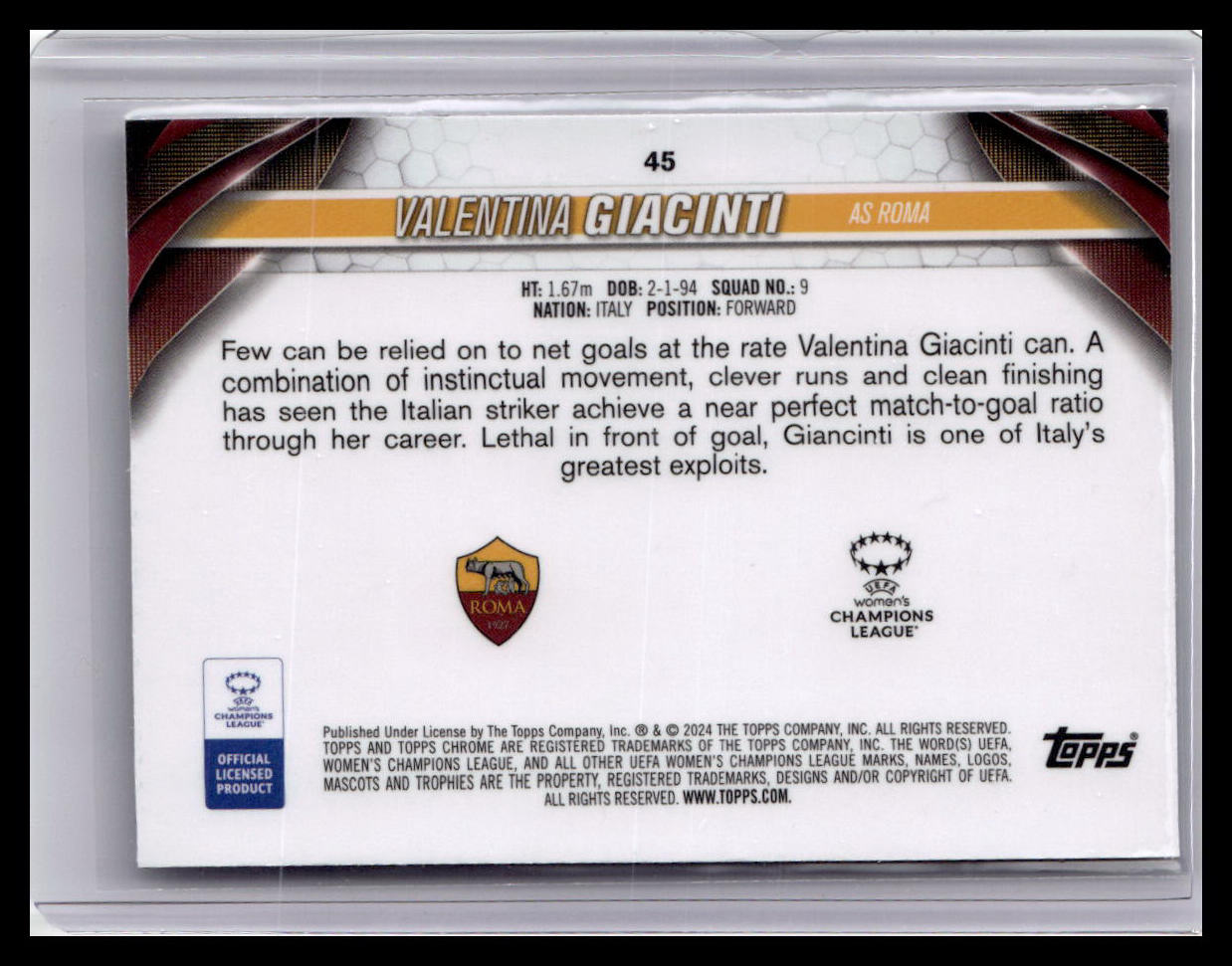 2023-24 Topps Chrome UEFA Women's Champions League #45 Valentina Giacinti