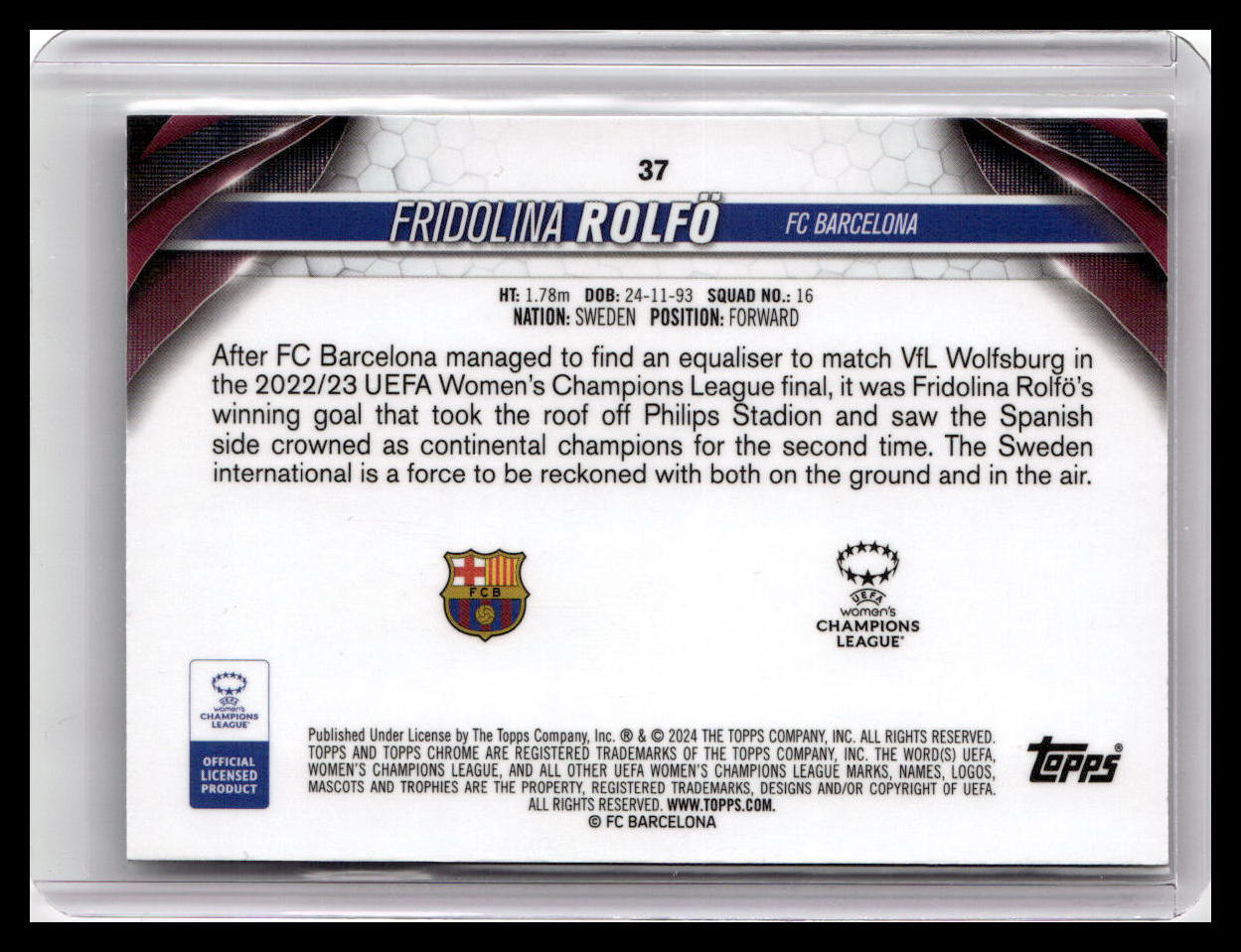 2023-24 Topps Chrome UEFA Women's Champions League #37 Fridolina Rolfö Pulsar