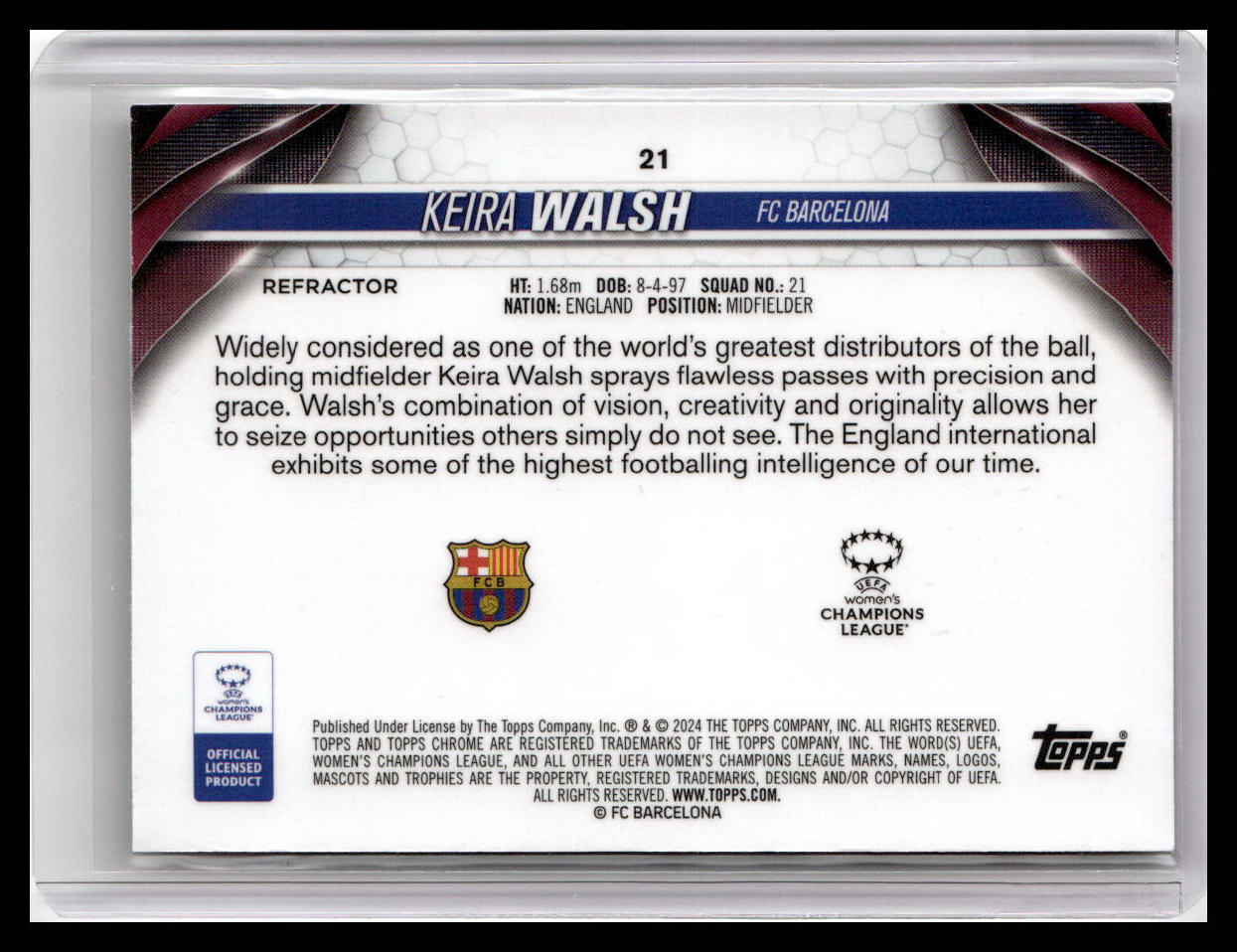 2023-24 Topps Chrome UEFA Women's Champions League #21 Keira Walsh Refractor