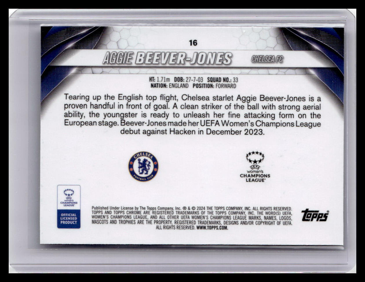 2023-24 Topps Chrome UEFA Women's Champions League #16 Aggie Beever-Jones