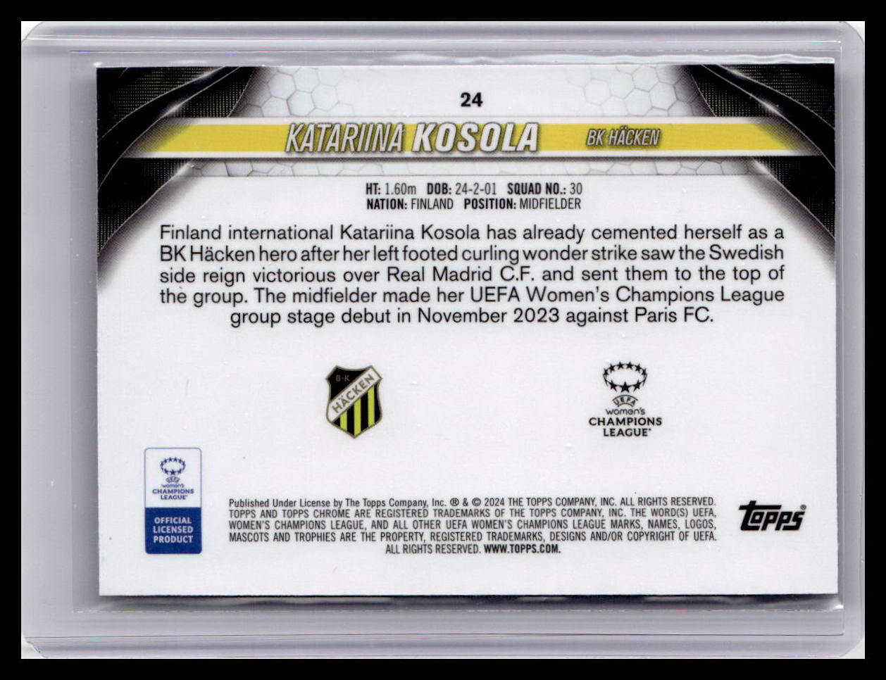 2023-24 Topps Chrome UEFA Women's Champions League #24 Katariina Kosola (RC)