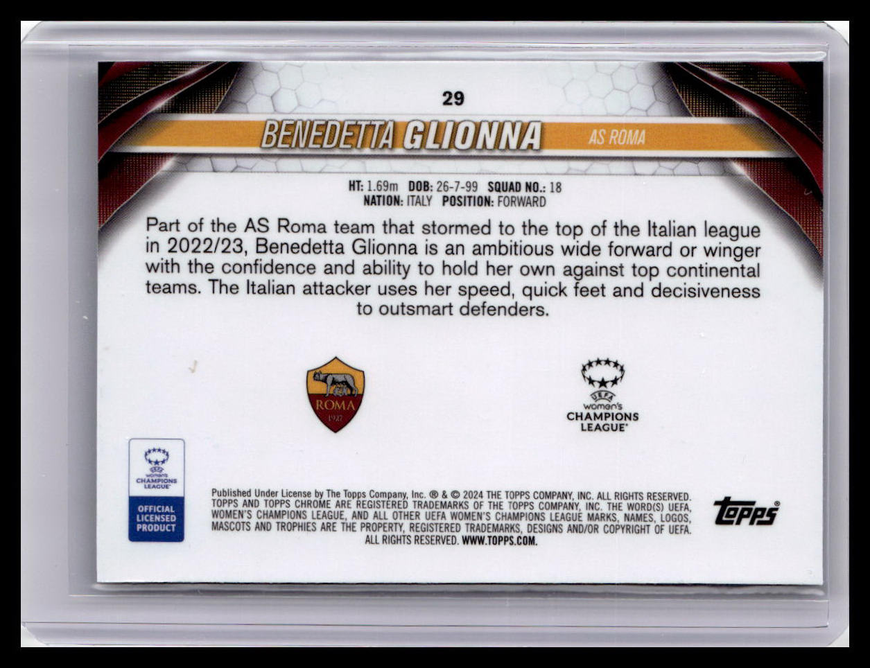 2023-24 Topps Chrome UEFA Women's Champions League #29 Benedetta Glionna (RC)
