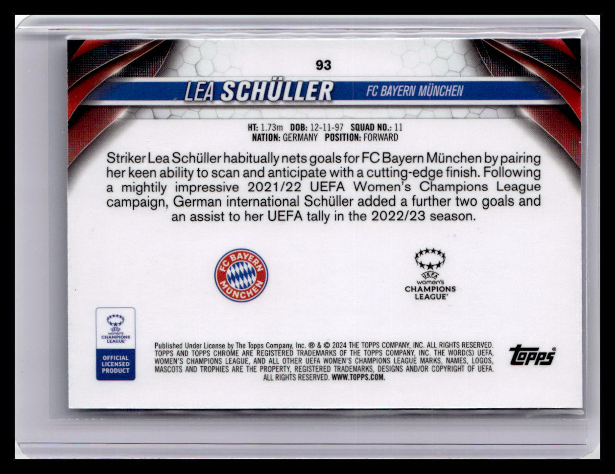 2023-24 Topps Chrome UEFA Women's Champions League #93 Lea Schüller Aqua Prizm