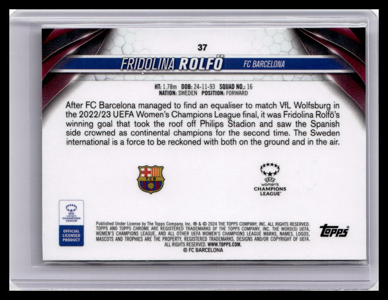 2023-24 Topps Chrome UEFA WCL #37 Fridolina Rolfö Pink Prism