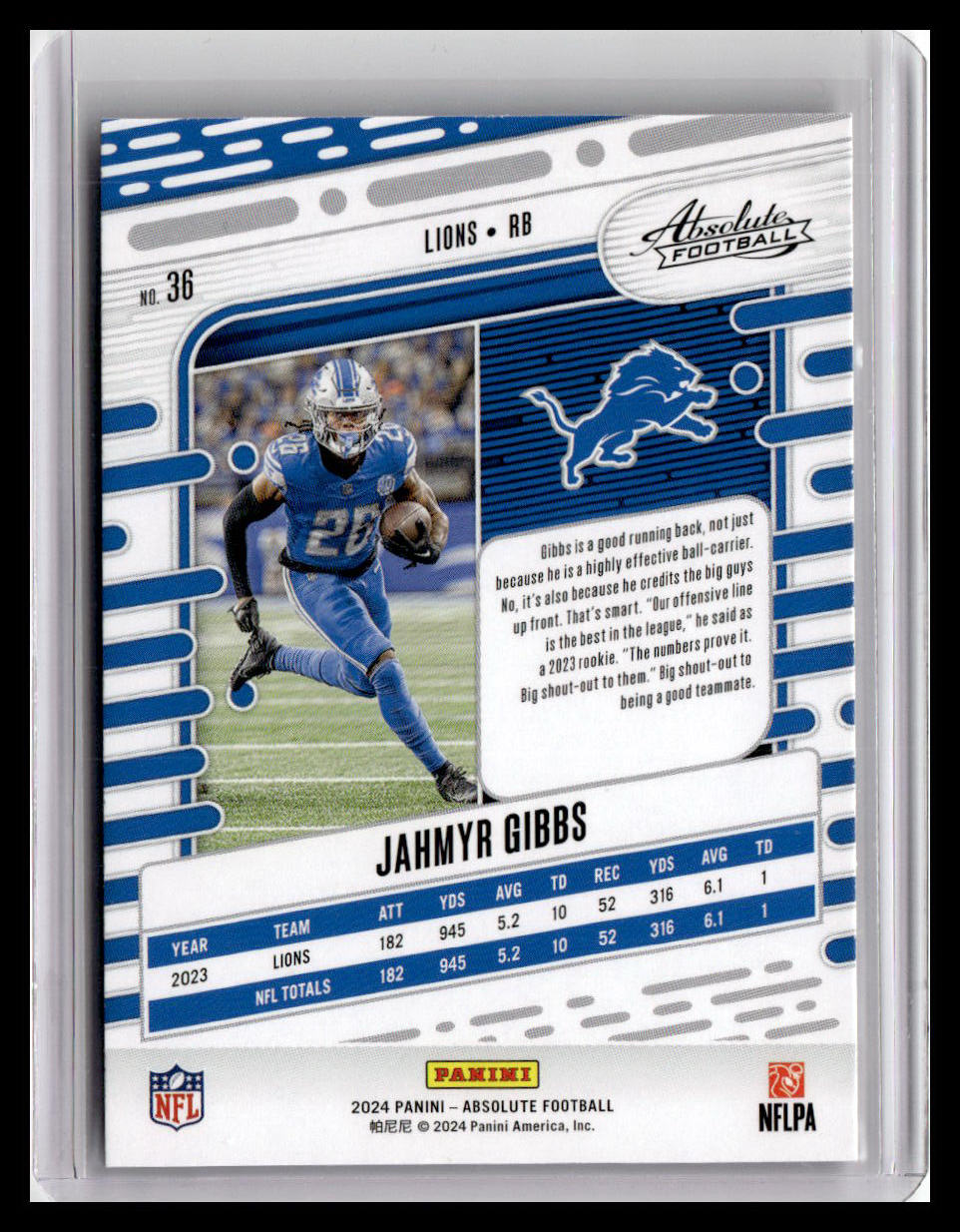 2024 Panini Absolute #36 Jahmyr Gibbs Red & Blue Foil