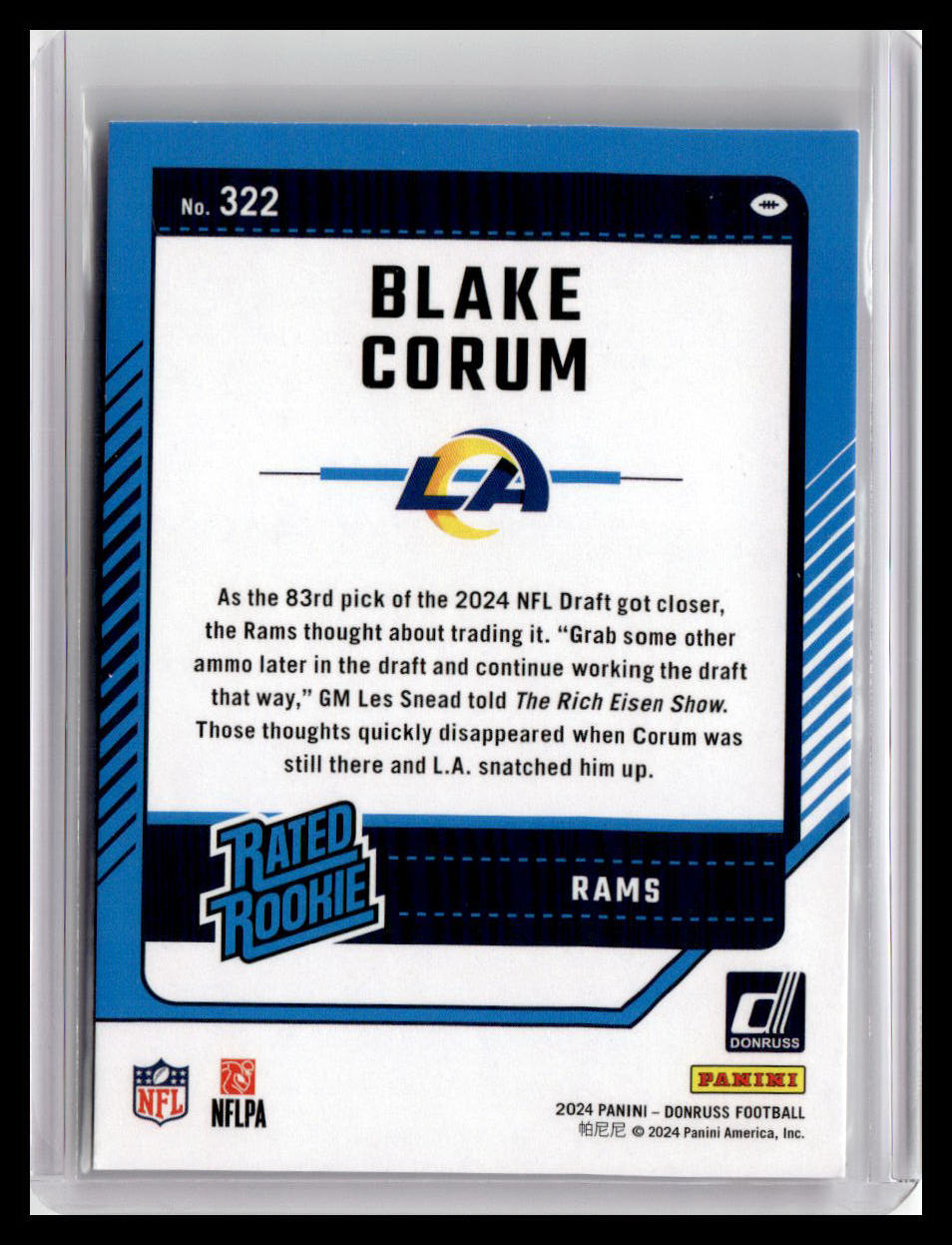2024 Donruss #322 Blake Corum Rated Rookie