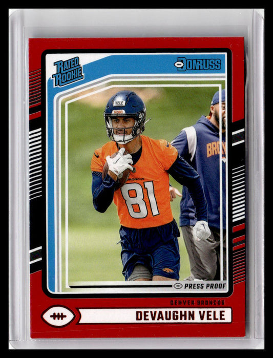 2024 Donruss #395 Devaughn Vele Press Proof Red Rated Rookie