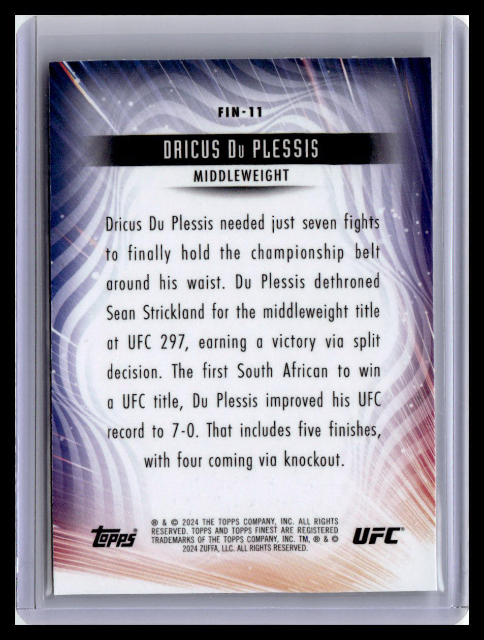 2024 Topps Finest UFC #FIN-11 Dricus Du Plessis Finishers Aqua Glitter