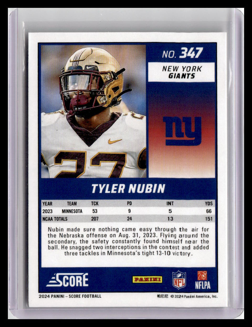 2024 Score #347 Tyler Nubin (RC)