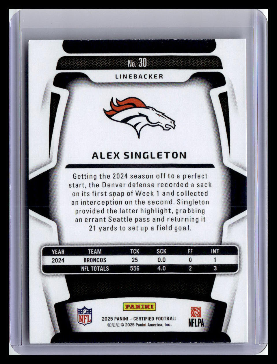 2025 Panini Certified #30 Alex Singleton