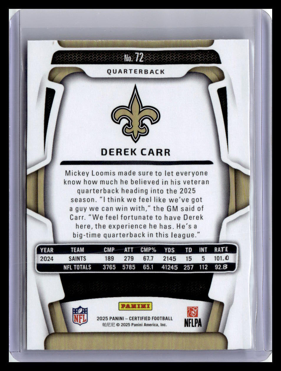 2025 Panini Certified #72 Derek Carr