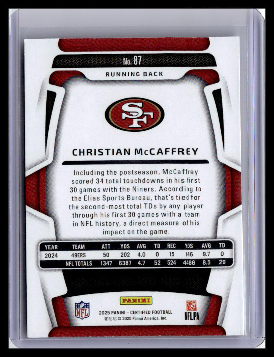 2025 Panini Certified #87 Christian McCaffrey
