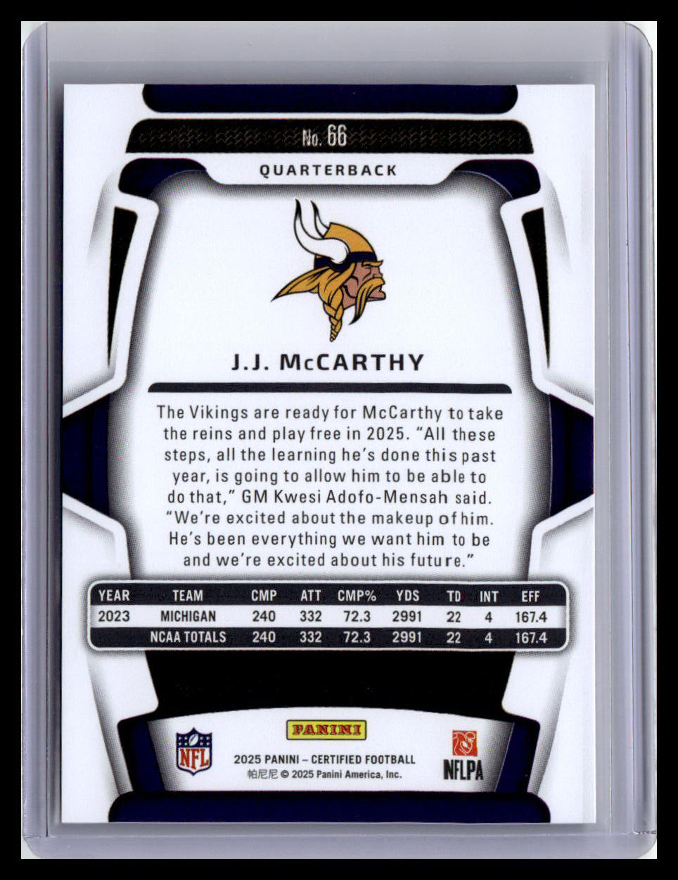 2025 Panini Certified #66 J.J. McCarthy Purple Holo /399