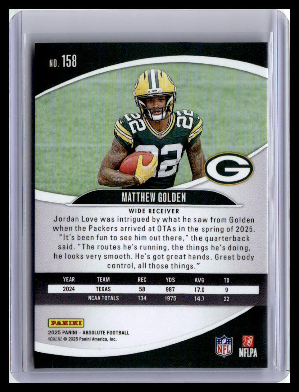 2025 Panini Absolute #158 Matthew Golden (RC) Red & Green