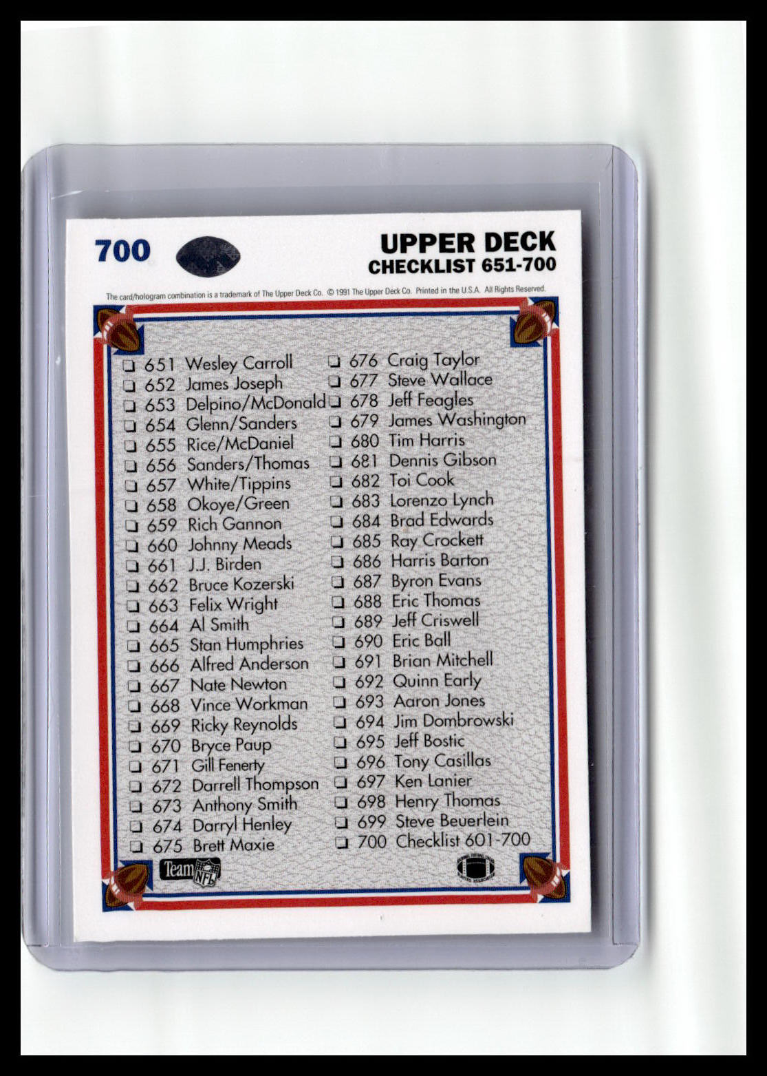 1991 Upper Deck #700 Checklist: 601-700