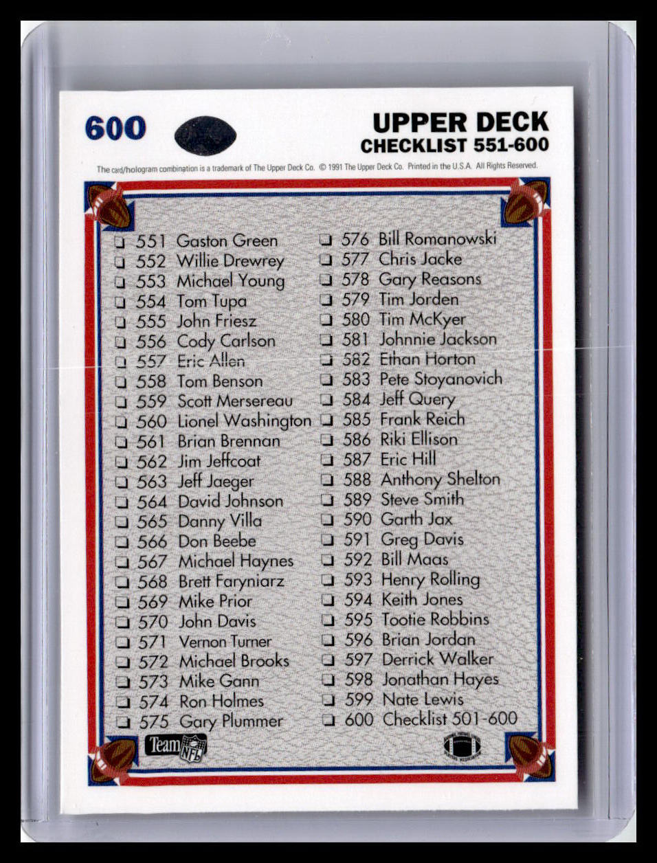 1991 Upper Deck #600 Checklist: 501-600
