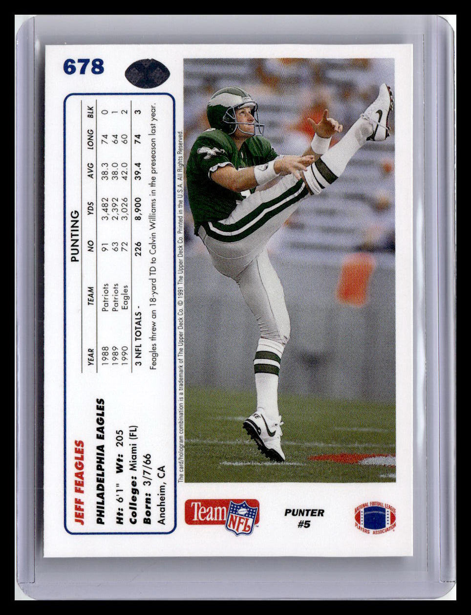 1991 Upper Deck #678 Jeff Feagles
