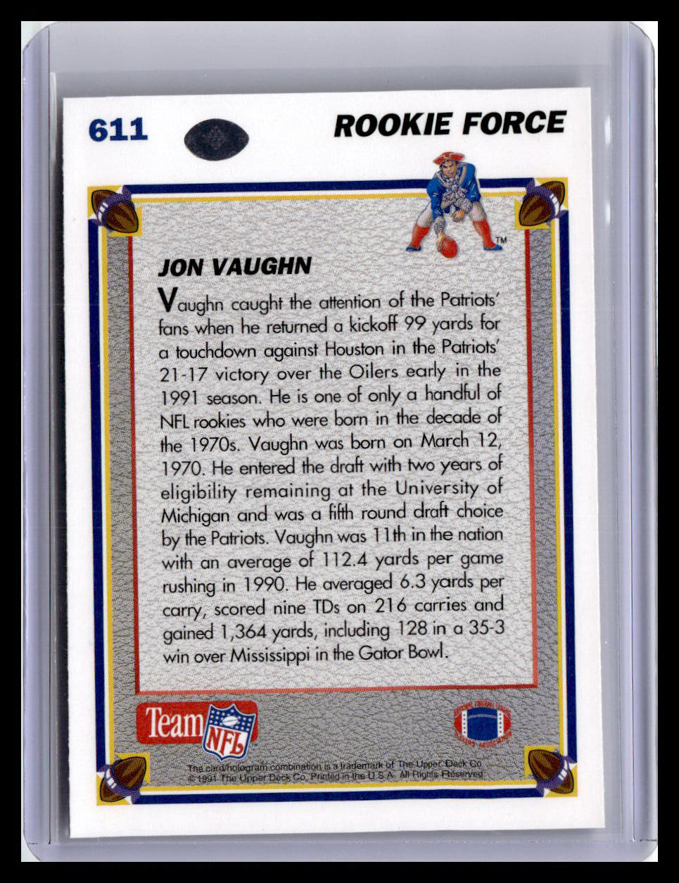 1991 Upper Deck #611 Jon Vaughn (RC)