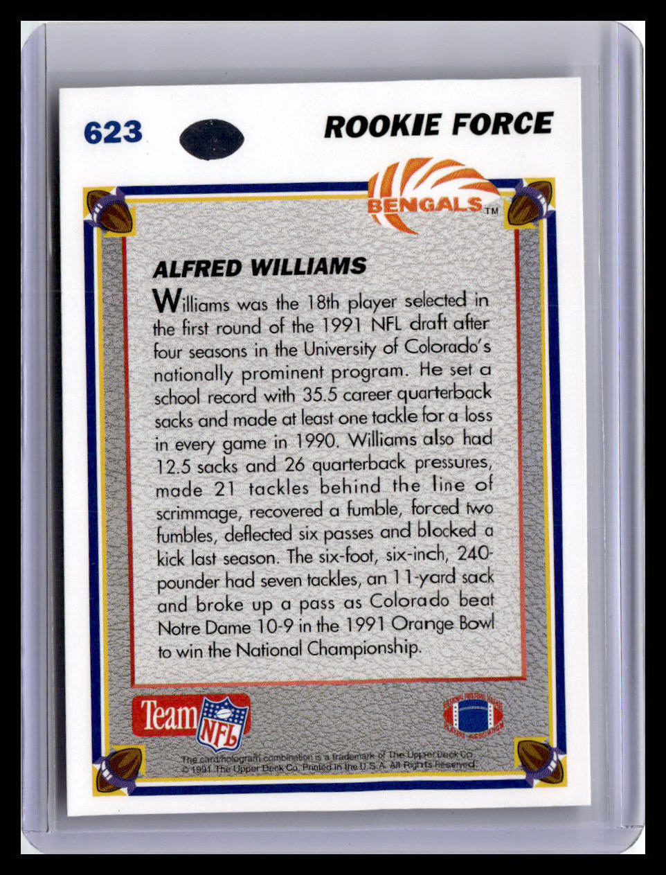 1991 Upper Deck #623 Alfred Williams (RC)