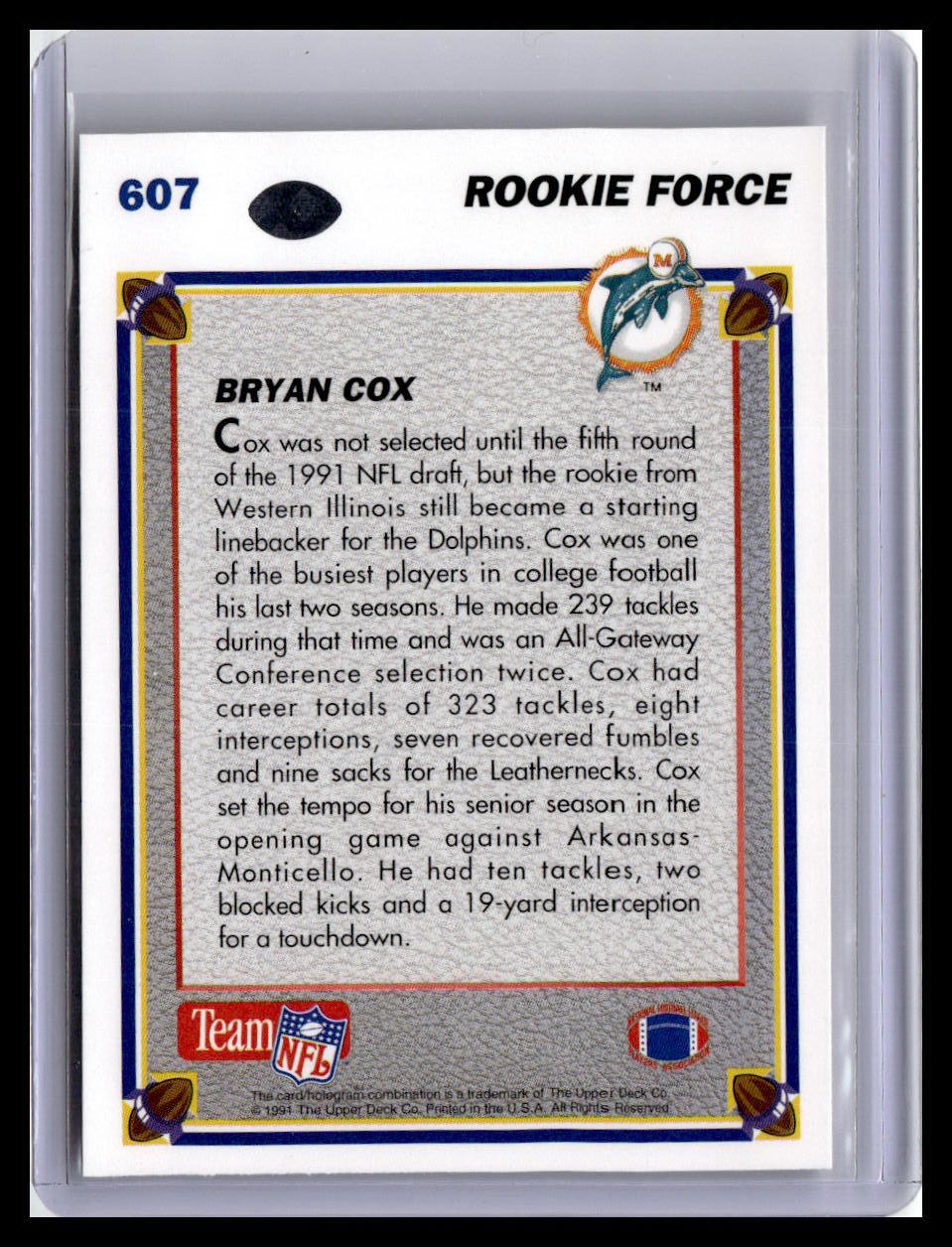 1991 Upper Deck #607 Bryan Cox (RC)