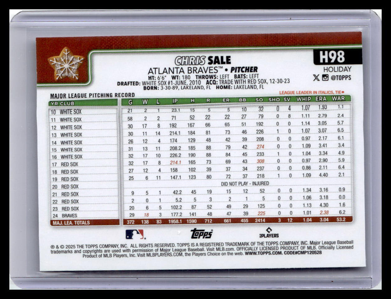 2025 Topps Holiday #H98 Chris Sale Holiday Cookie Variation SP