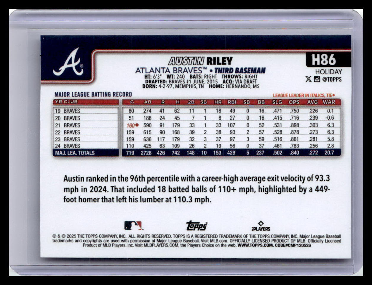 2025 Topps Holiday #H86 Austin Riley