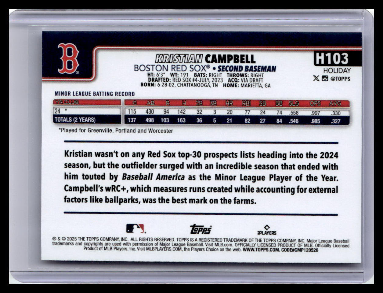 2025 Topps Holiday #H103 Kristian Campbell