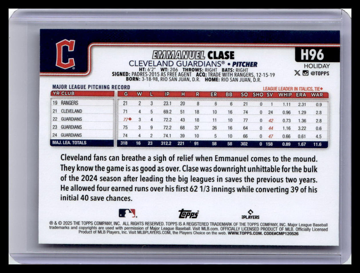 2025 Topps Holiday #H96 Emmanuel Clase