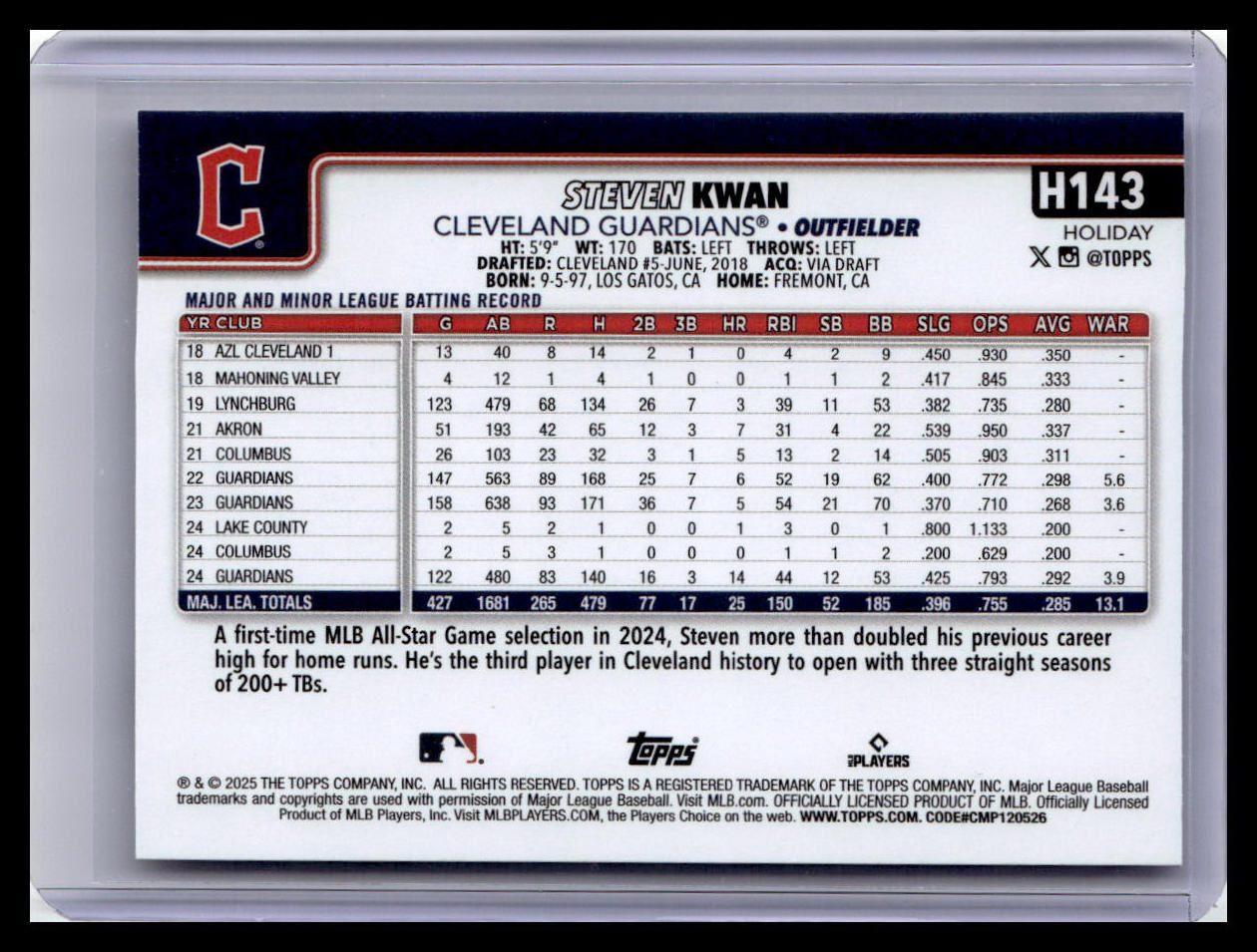 2025 Topps Holiday #H143 Steven Kwan