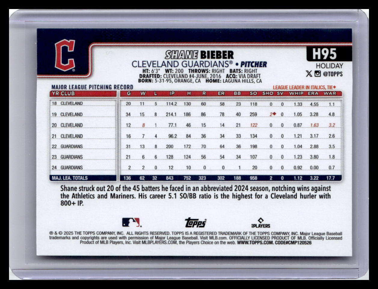 2025 Topps Holiday #H95 Shane Bieber